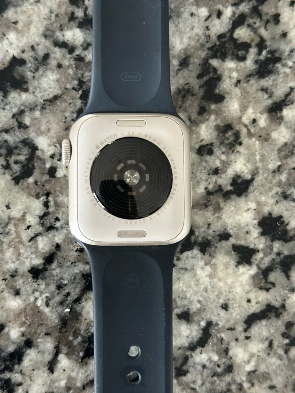 SE 41mm Apple Watch with Navy Silicone Band and Magnetic Charging Cable